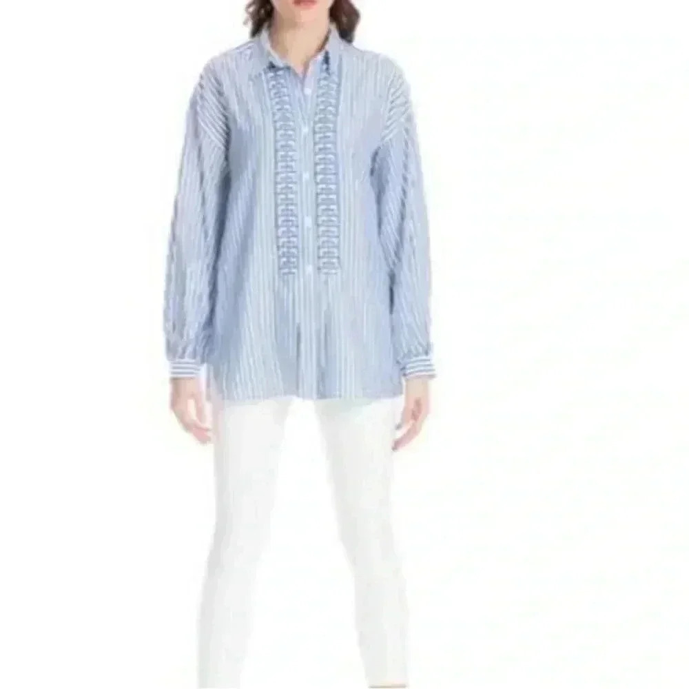 [L]Max Studio 100 Modal White Blue Straps Prints Button  Down Women Shirt
